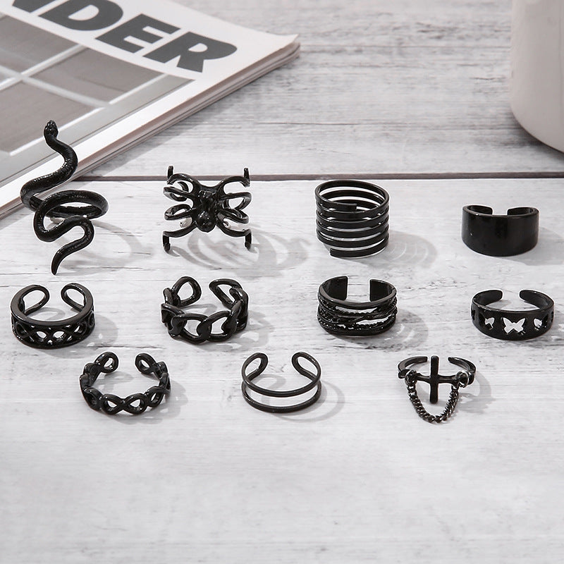 Ring Gun, Black Snake Shaped Spider Joint Ring, Exaggerated Punk Style Combination, 11 Piece Set