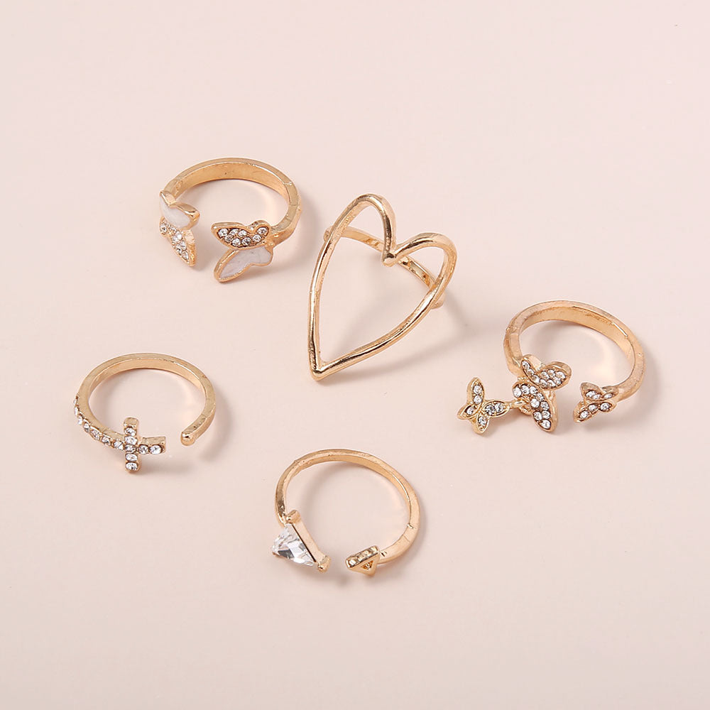 Triangle Love Hollowed Out Full Of Diamonds And Drops Of Oil Butterfly Ring 5-Piece Suit Joint Ring