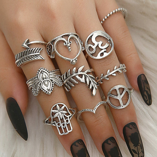 Ring Bohemian Openwork Love Palm Pattern Combination Joint 10-Piece Ring Ring