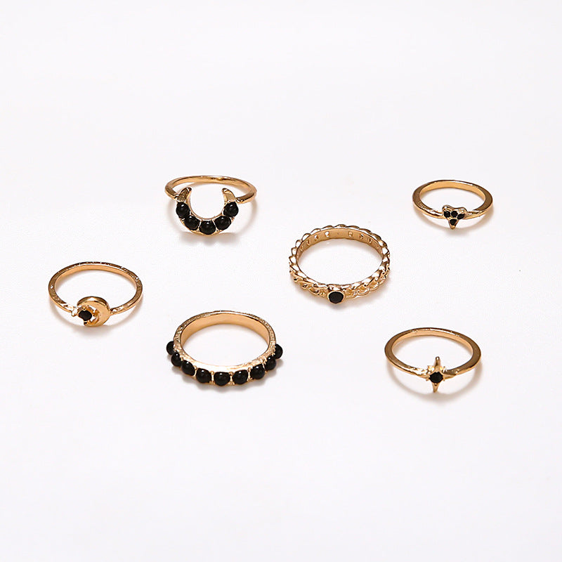 Black Gem Star Moon 6 Piece Joint Ring Girl