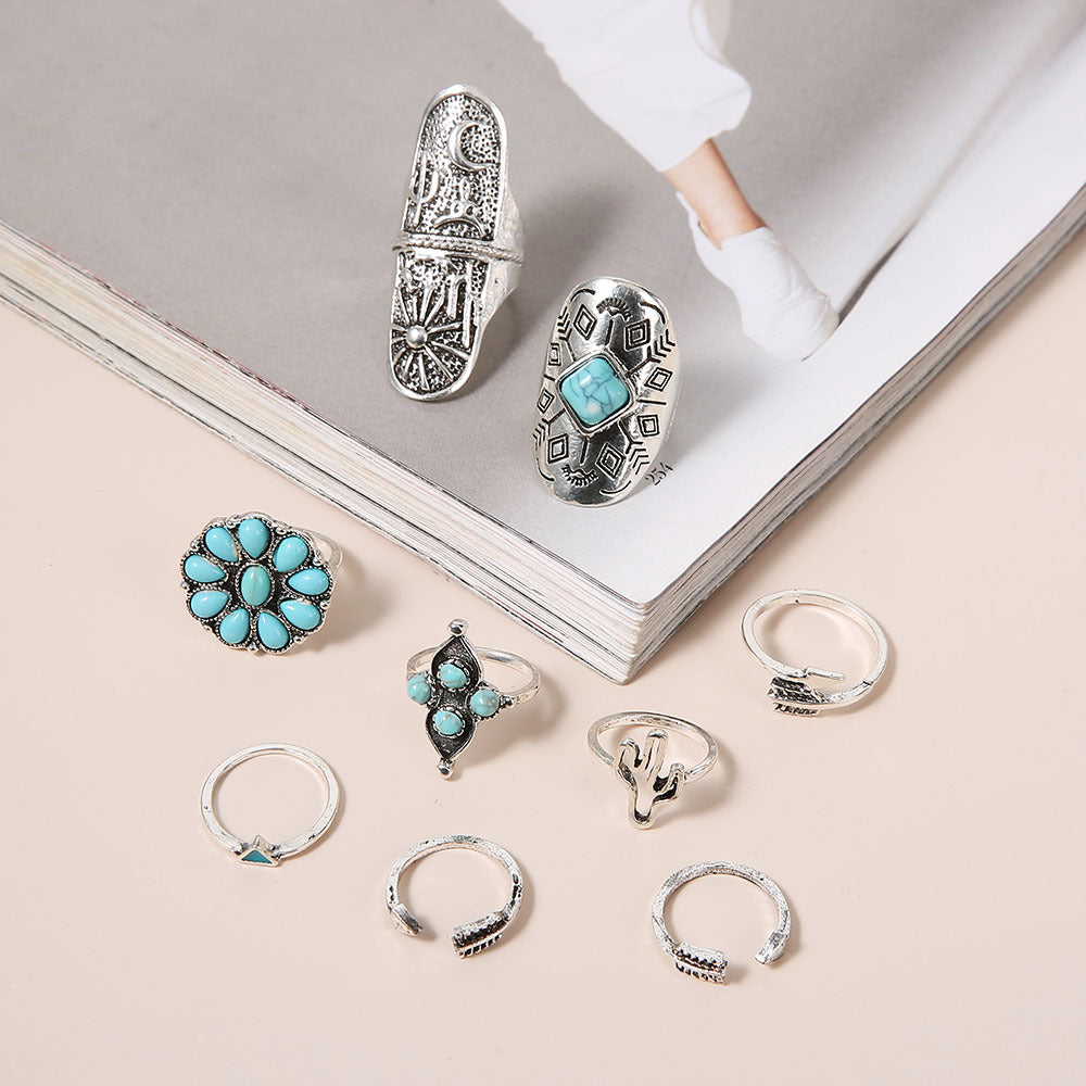 Cactus Turquoise Sunflower 9-Piece Alloy Set Ring