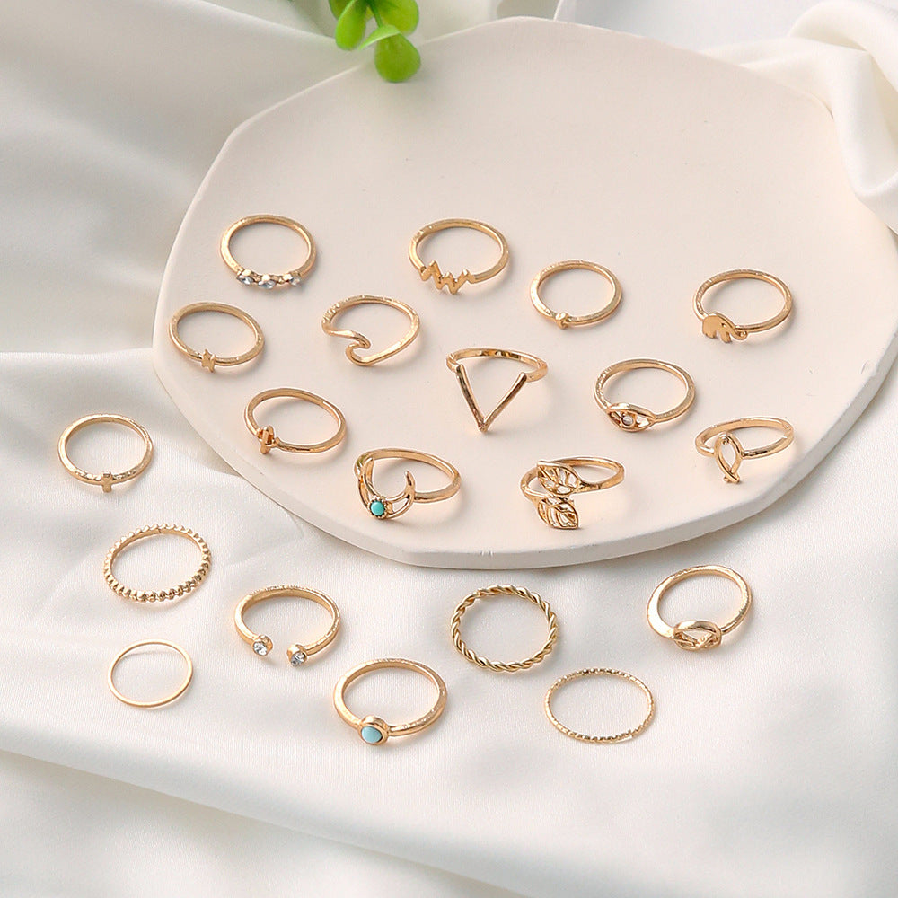 Bohemian V-Shaped Leaf Eye Geometric Circle Moon Ring 20 Piece Ring Set