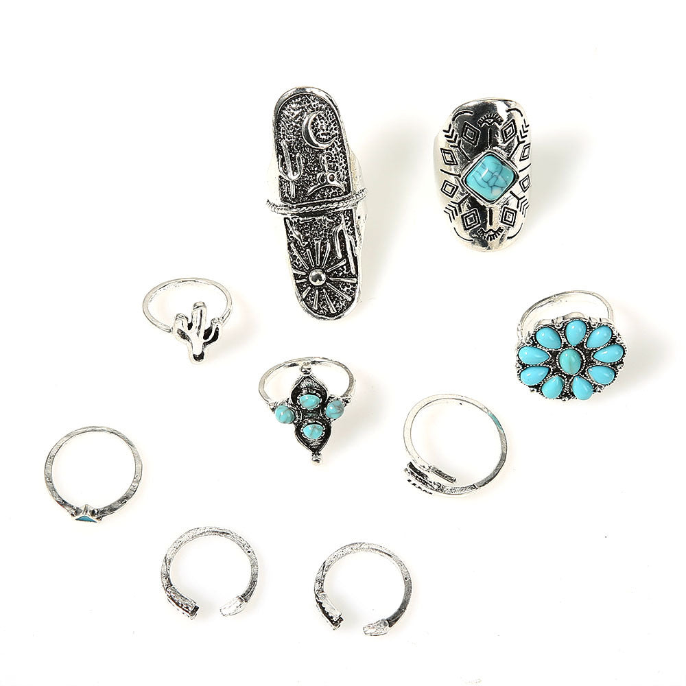 Cactus Turquoise Sunflower 9-Piece Alloy Set Ring