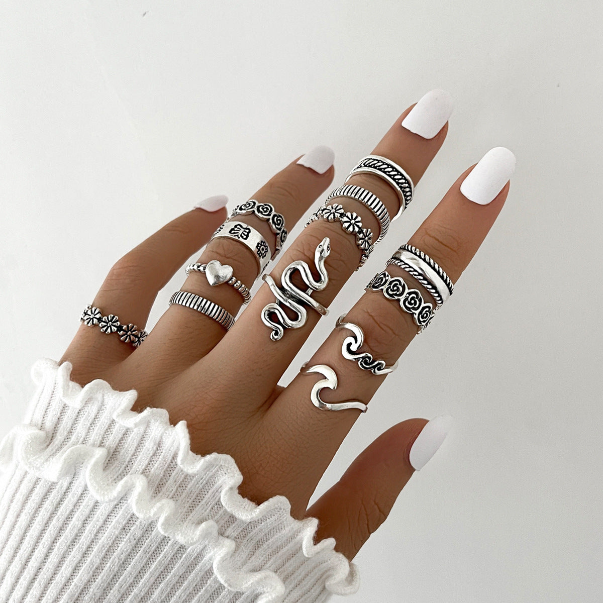 Exaggerated Snake Flower Love Geometry Ring Joint Ring 13 Piece Set