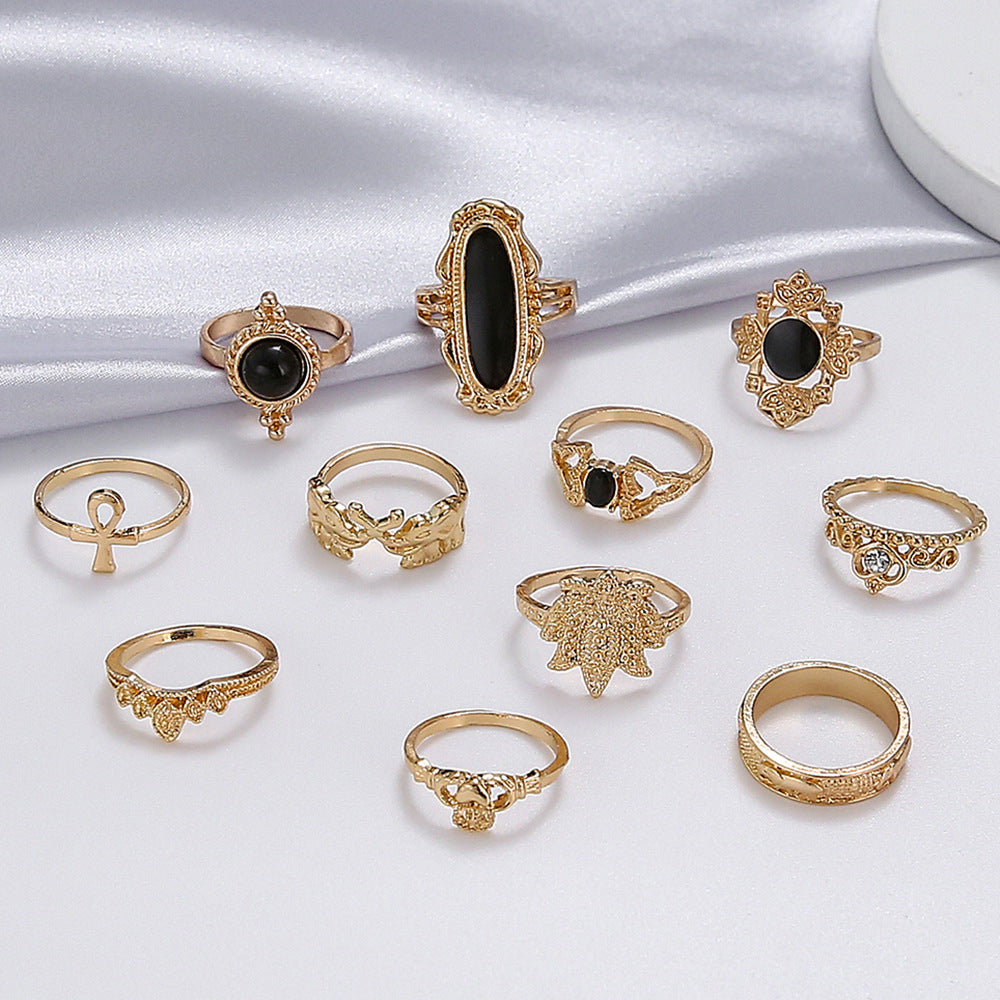 Black Gem Elephant Lotus Crown Cross 11 Piece Ring Set