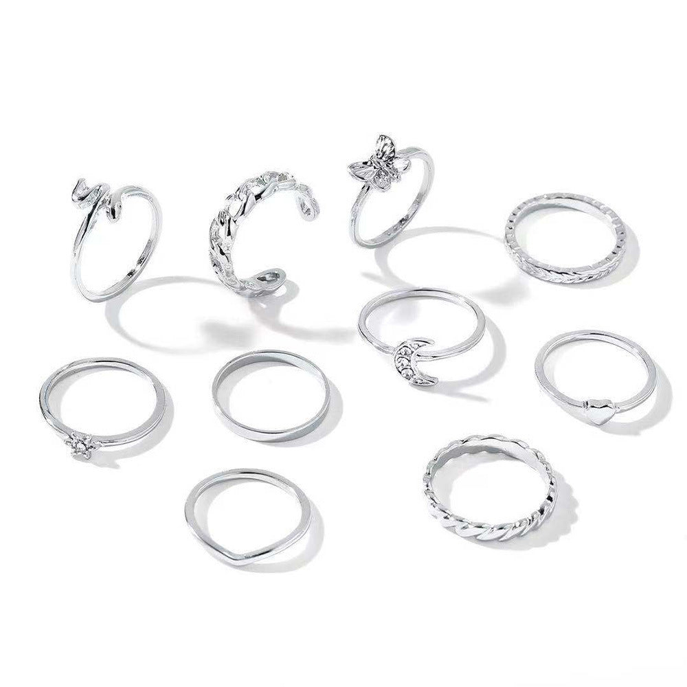 Ring Chain Metal Element Set With Diamonds Moon Butterfly Love Snake Ring Set Of 10 Pieces