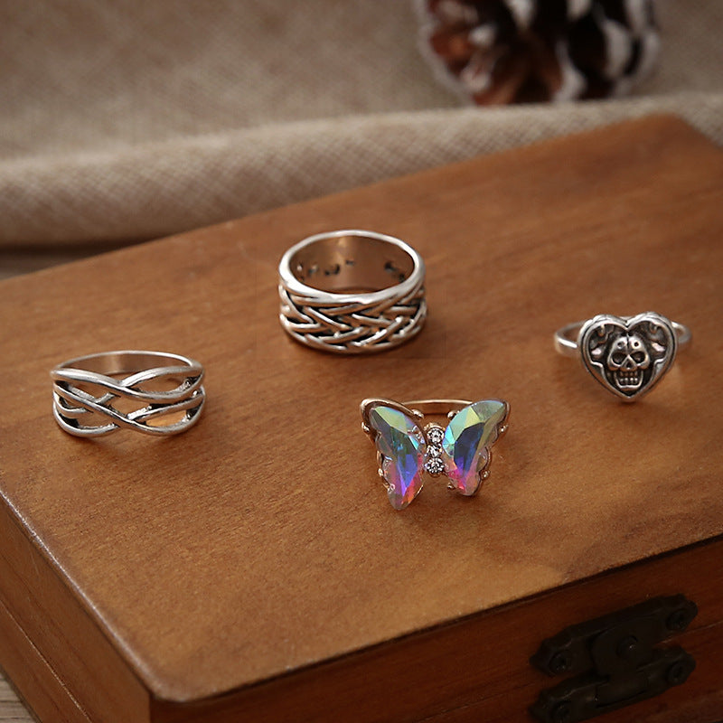 Ring Colorful Butterfly Skull Knot 4-Piece Joint Ring Girl