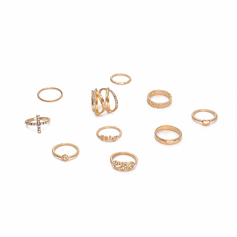 Ring, Rhinestone Cross, 8 Word Love, 11 Piece Ring Set