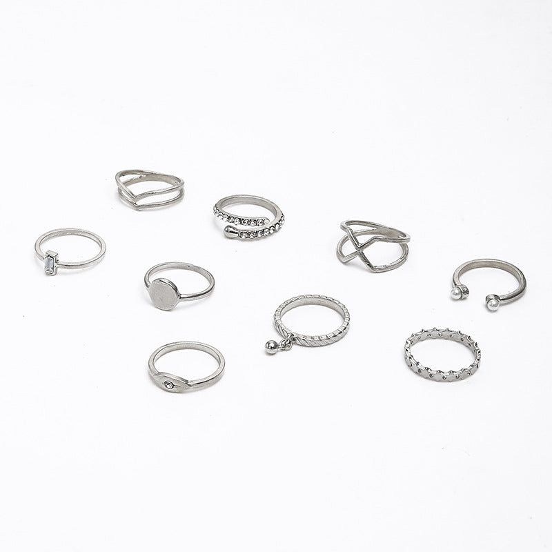 Pearl Ring Set Of 9 Double Cross Temperament Joint Ring Set Female