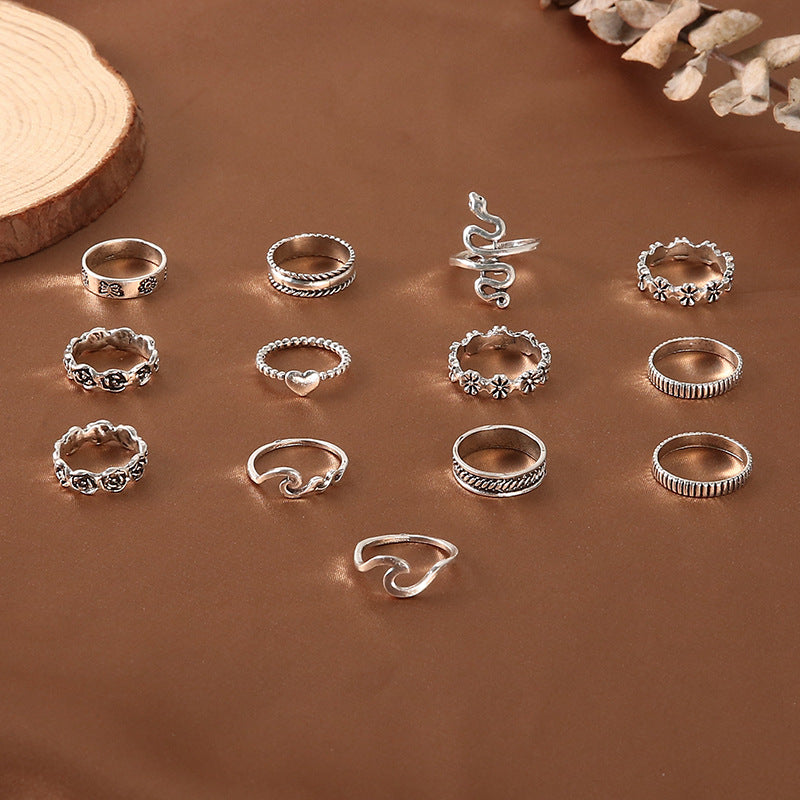 Exaggerated Snake Flower Love Geometry Ring Joint Ring 13 Piece Set