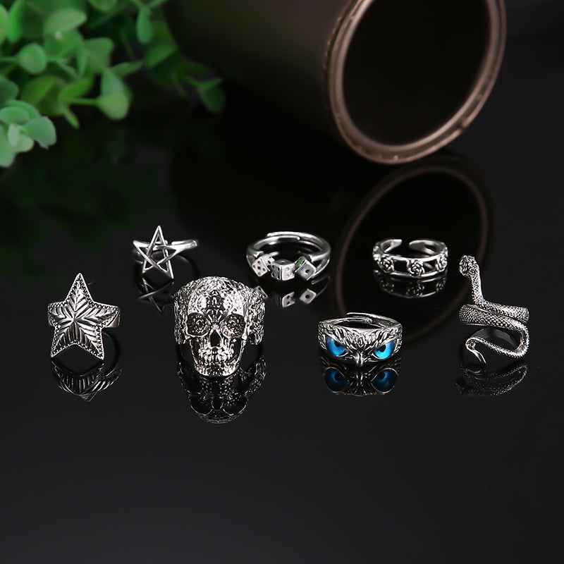 Halloween Serpentine Skull Owl Animal Ring Set Of 7 Pieces