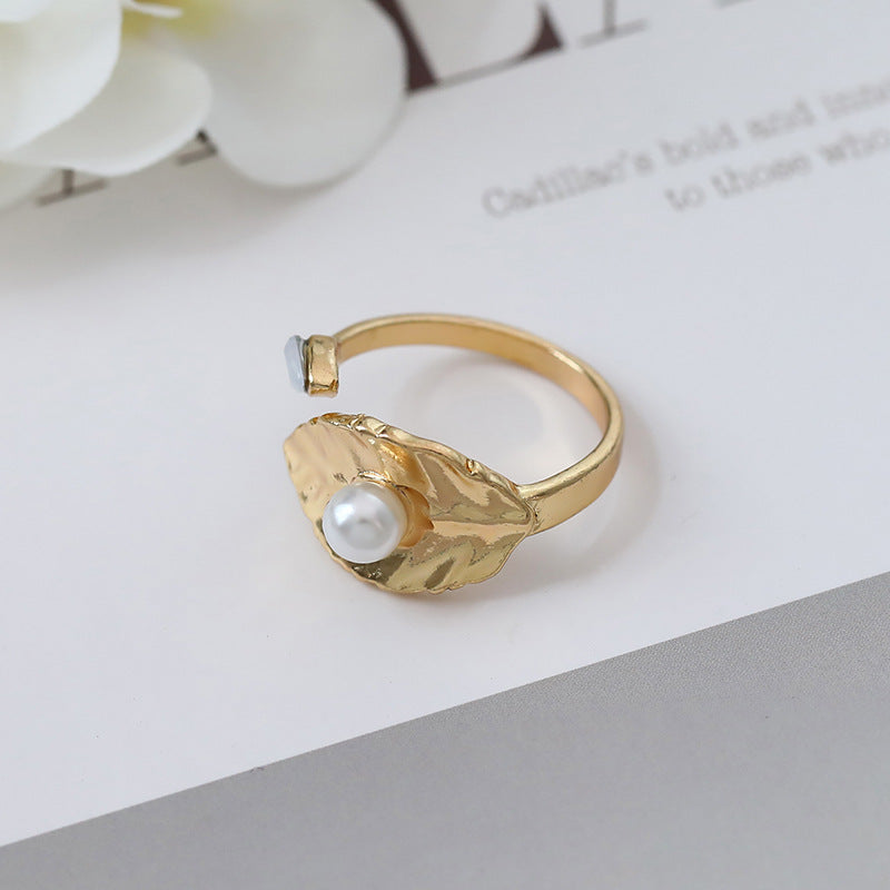 Light And Luxurious Ring, Simple Personality Ring, Female Leaf, Pearl, Forefinger Ring