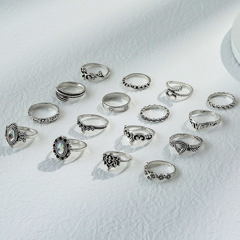 Exaggerated Carved Snake Leaves Dabao Anemone Shape 16-Piece Combination Ring