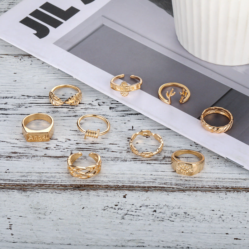 Ring Letter Angel Leaf Mesh Shank Personality Spring 9-Piece Gold-Plated Sleeve Ring