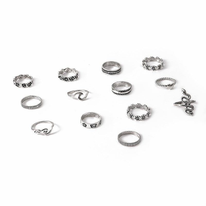 Exaggerated Snake Flower Love Geometry Ring Joint Ring 13 Piece Set