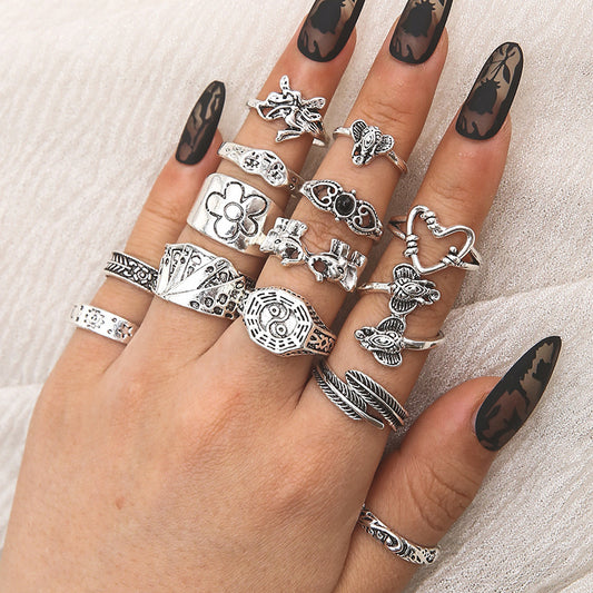 Alloy Chain Ring Frowning Ring 14 Piece Playing Card Ring Openwork Love Ring Daisy Ring