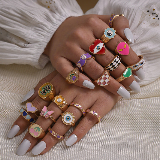 Macaron Dripping Oil Gossip Checkerboard Ring Ring Flower Love Color Block 20-Piece Ring