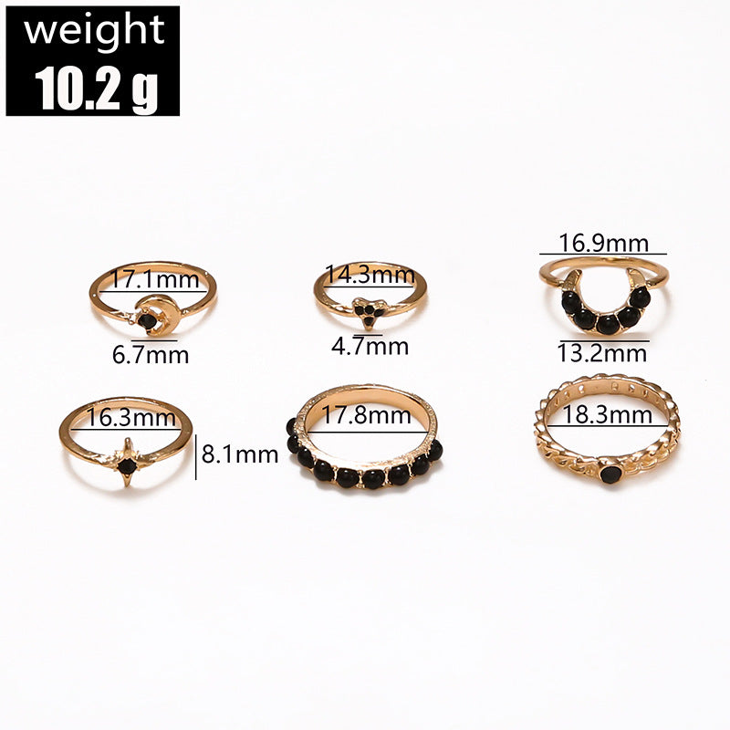 Black Gem Star Moon 6 Piece Joint Ring Girl