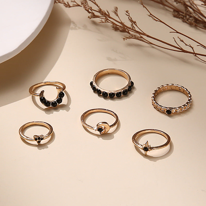 Black Gem Star Moon 6 Piece Joint Ring Girl