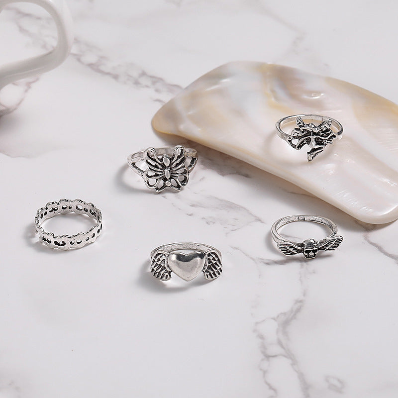 Ring Set Creative Peach Heart Hollow Out Butterfly Skull Joint Ring Set Of 5