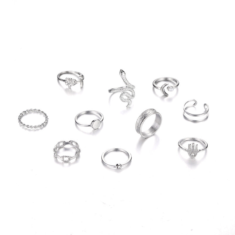 Rose Sparkle Diamond Pearl Snake Hand Fried Dough Twist Disc 10 Piece Set Ring