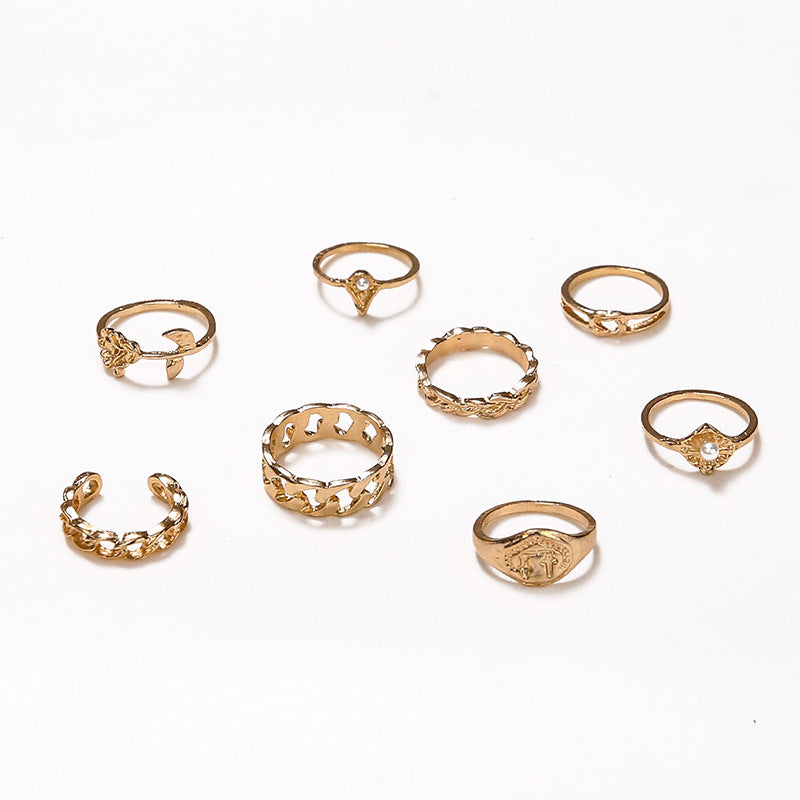 Alloy Joint Ring Creative Simple Pearl Rose Ring Set 8 Pieces