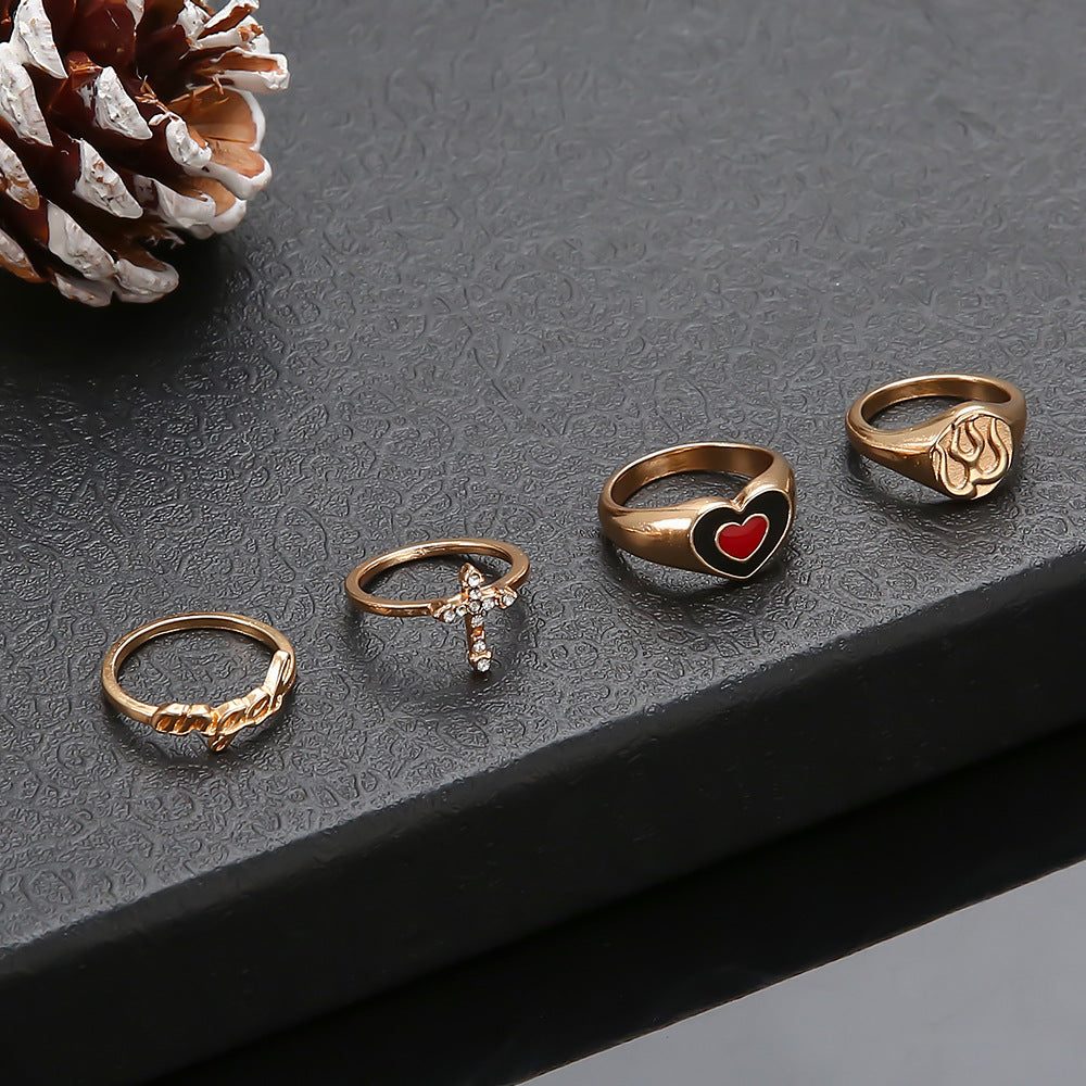 Fashion Trend Diamond Inlaid Two-Color Oil Dripping Love Ring Set Of 4