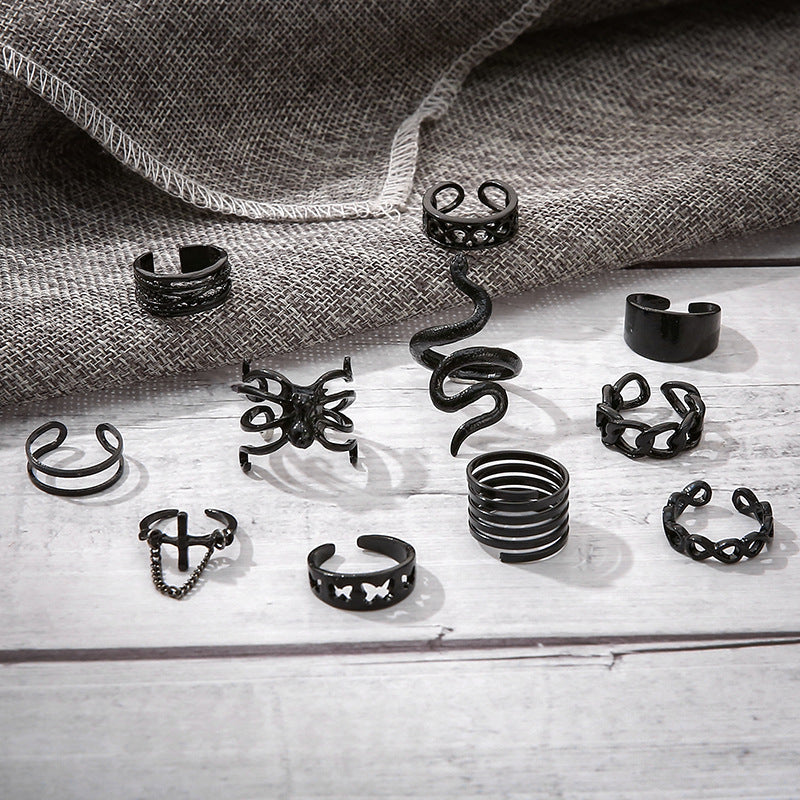 Ring Gun, Black Snake Shaped Spider Joint Ring, Exaggerated Punk Style Combination, 11 Piece Set