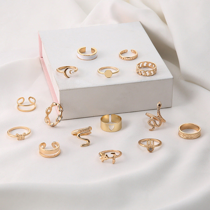 Wind Butterfly Pearl Ring With Diamond Personality Rose Snake 15 Piece Set Joint Ring