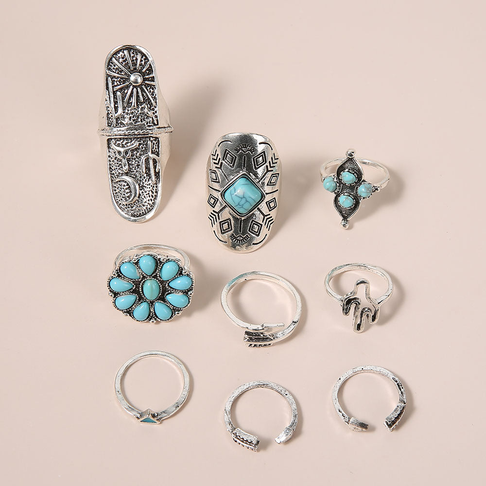 Cactus Turquoise Sunflower 9-Piece Alloy Set Ring