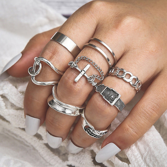 Curved Cross Geometric Knot Women'S 8-Piece Set Ring