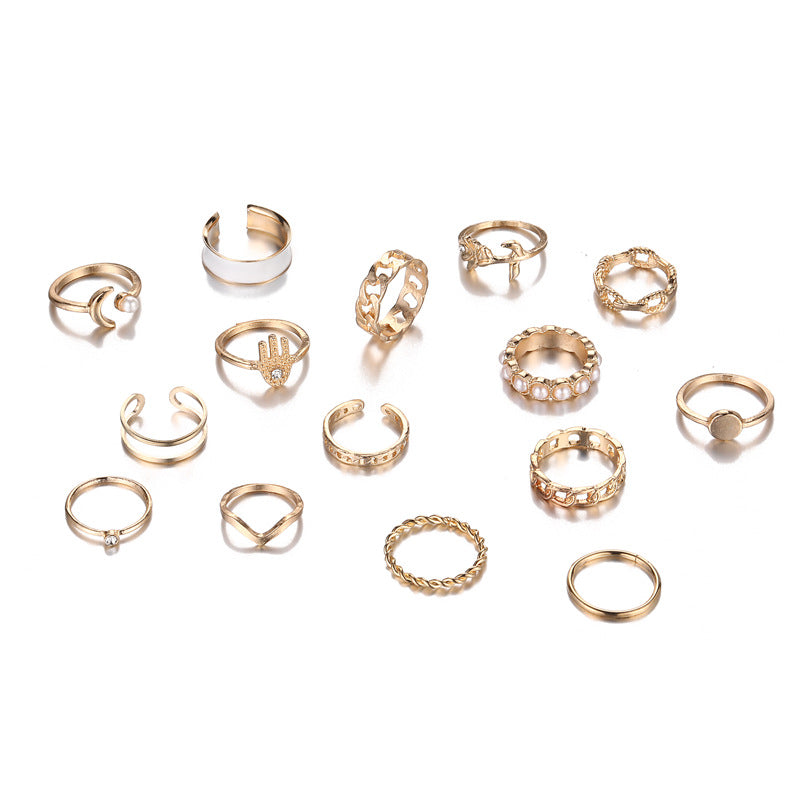 Wind Pearl Twist Ring With Diamonds And Roses Dripping Oil 15-Piece Suit Joint Ring