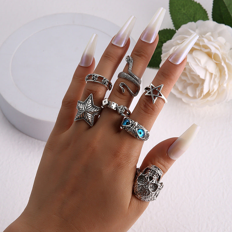 Halloween Serpentine Skull Owl Animal Ring Set Of 7 Pieces