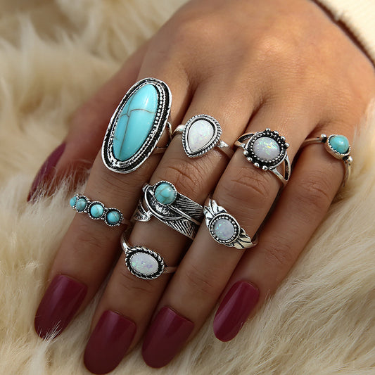 Ethnic Style Turquoise Inlaid Carved Feather Ring Personality 8-Piece Combination Ring Set