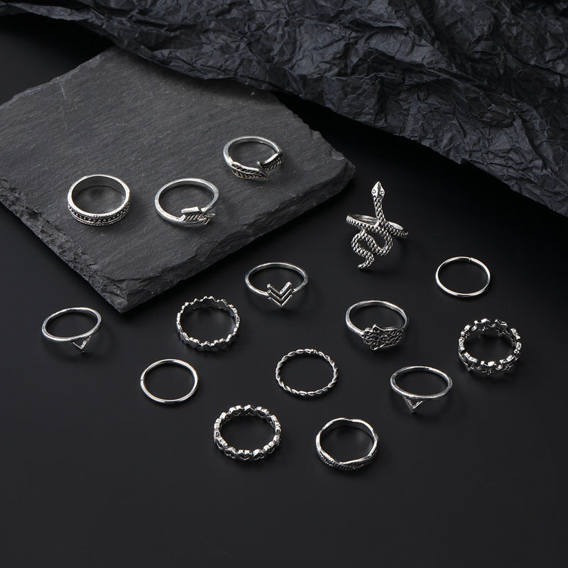 Ring Exaggerated Punk Snake Shaped Five Pointed Star Love Arrow 15 Piece Set