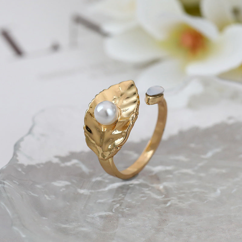 Light And Luxurious Ring, Simple Personality Ring, Female Leaf, Pearl, Forefinger Ring