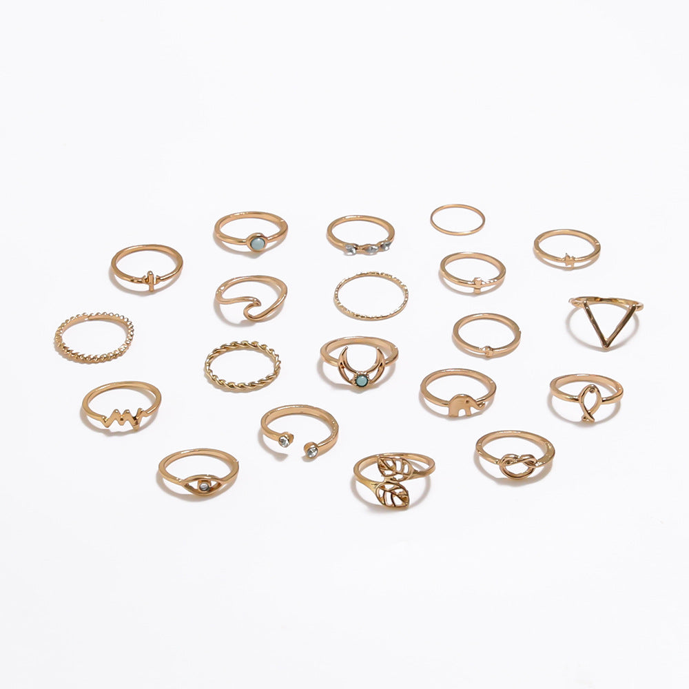 Bohemian V-Shaped Leaf Eye Geometric Circle Moon Ring 20 Piece Ring Set