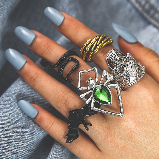 Ring Halloween Skull Snake Bat Multicolor Diamond Emerald Ring