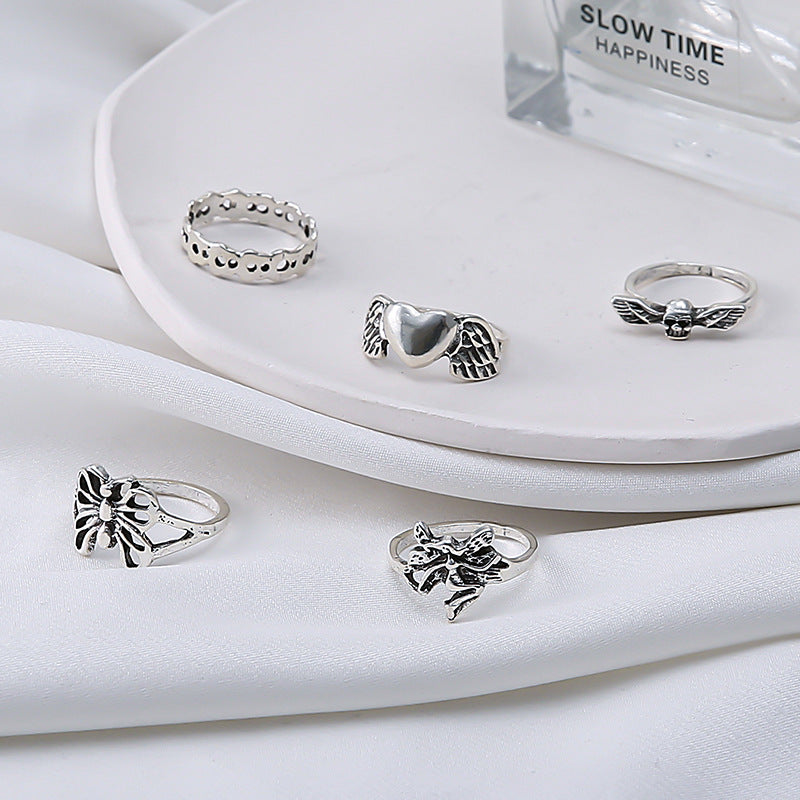 Ring Set Creative Peach Heart Hollow Out Butterfly Skull Joint Ring Set Of 5