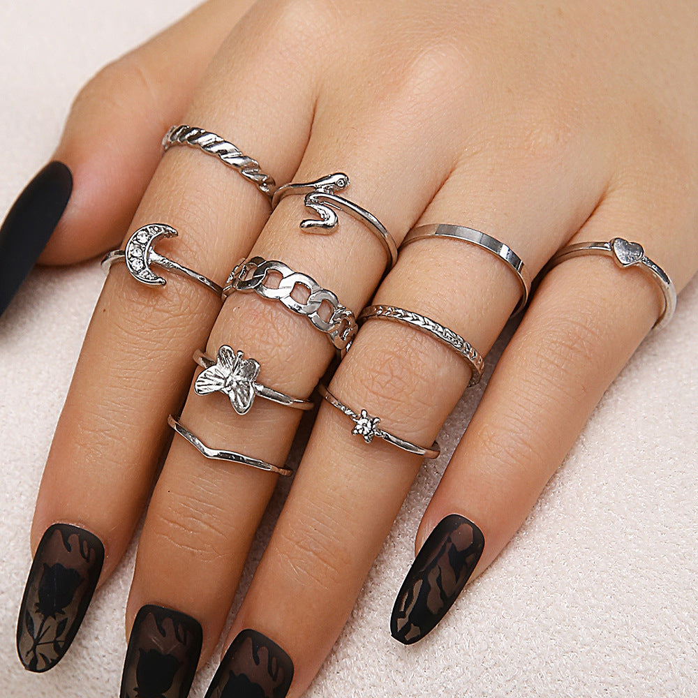 Ring Chain Metal Element Set With Diamonds Moon Butterfly Love Snake Ring Set Of 10 Pieces