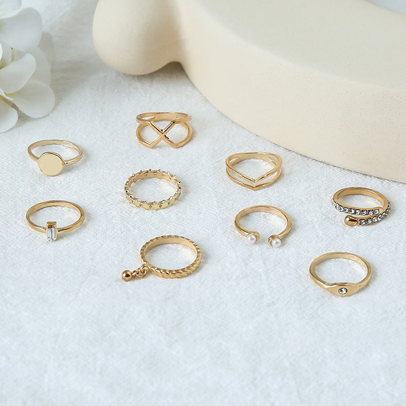 Pearl Ring Set Of 9 Double Cross Temperament Joint Ring Set Female