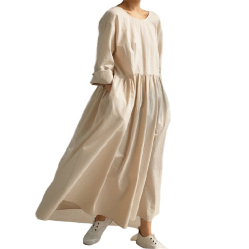 Women Summer Cotton Dresses 3/4 Sleeves Dress V-neck Long Maxi Dress