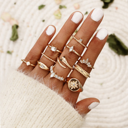 Bohemian Creative Dripping Oil Complex Personality Trend Black Eyed Snake Star Pearl 11-Piece Set Ring