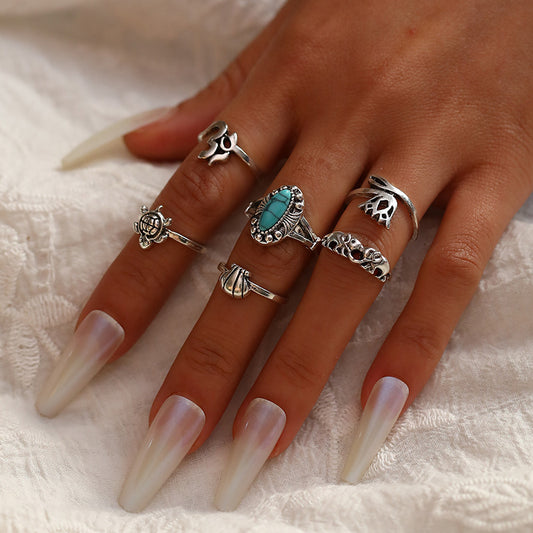 Ring Crown Snake Turquoise Tortoise Elephant Geometric 6-Piece Ring For Women