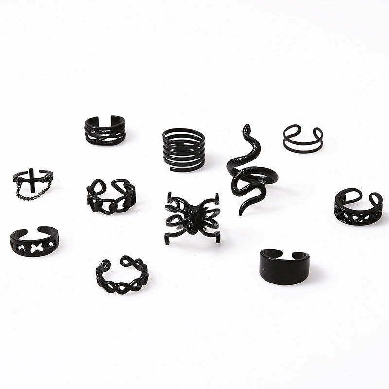 Ring Gun, Black Snake Shaped Spider Joint Ring, Exaggerated Punk Style Combination, 11 Piece Set