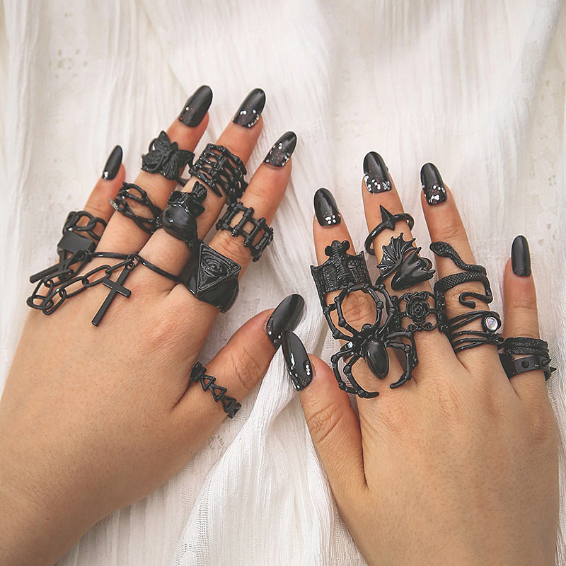 Ring Black Ring Set Adjustable Exaggerated Punk Serpentine Spider Bat Ring