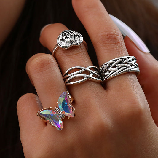 Ring Colorful Butterfly Skull Knot 4-Piece Joint Ring Girl