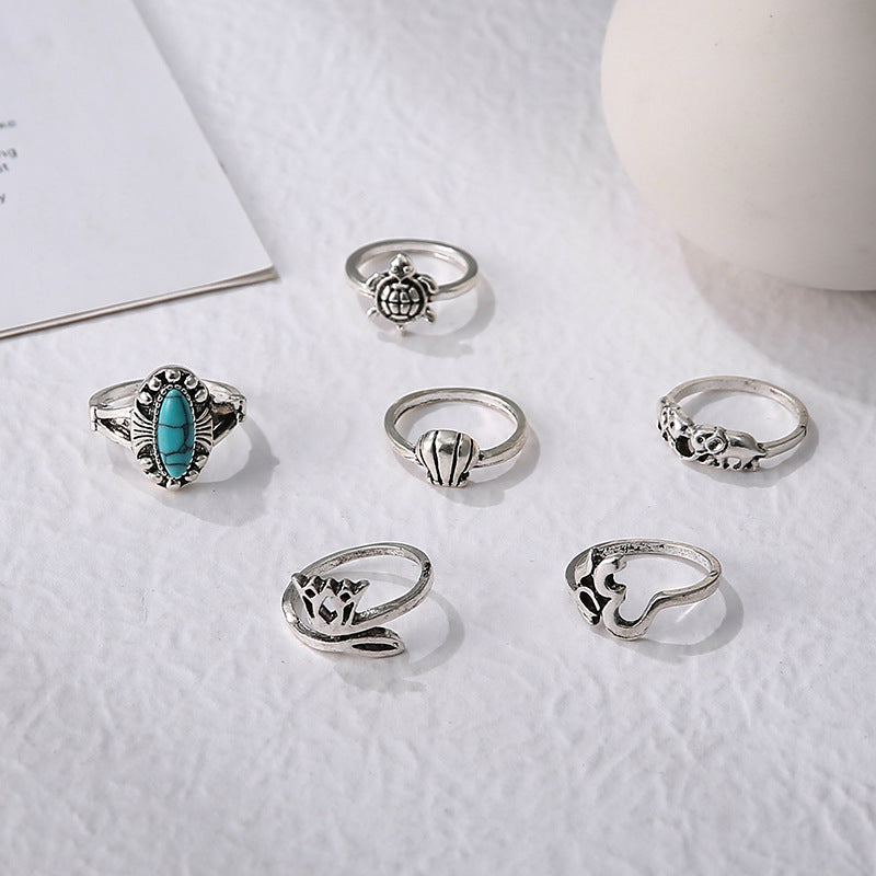 Ring Crown Snake Turquoise Tortoise Elephant Geometric 6-Piece Ring For Women
