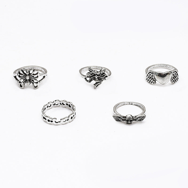 Ring Set Creative Peach Heart Hollow Out Butterfly Skull Joint Ring Set Of 5