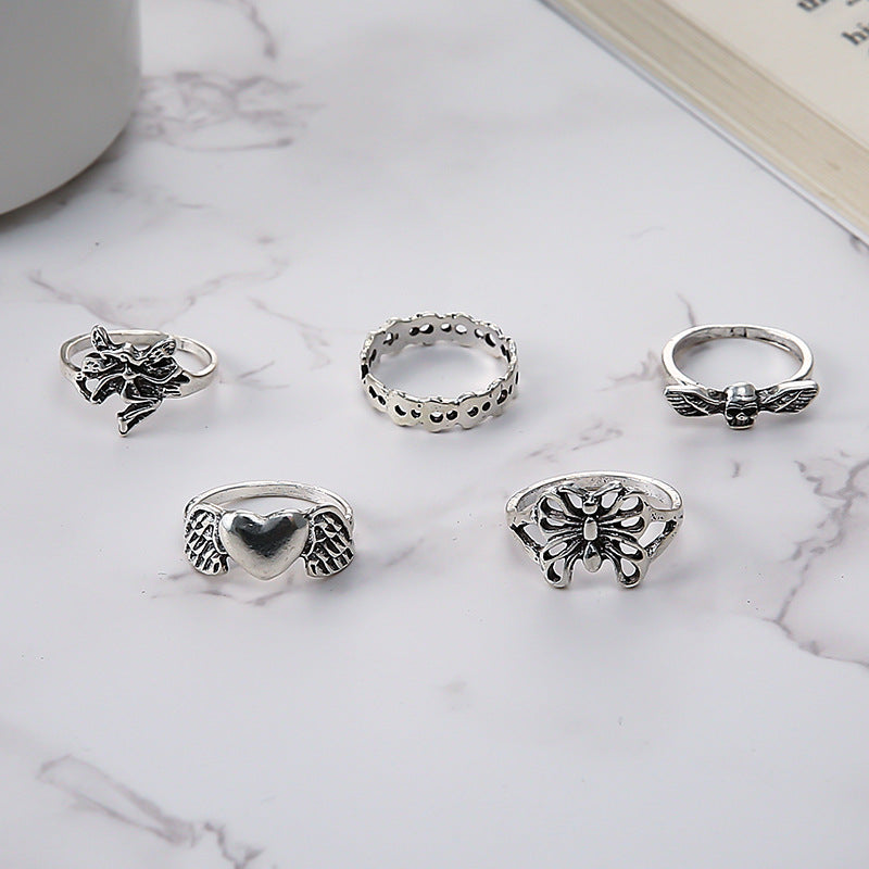 Ring Set Creative Peach Heart Hollow Out Butterfly Skull Joint Ring Set Of 5